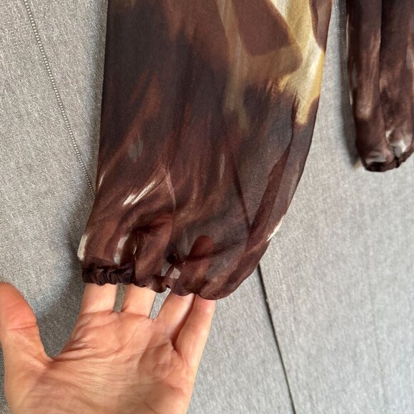 90s Vintage Karen Kane 100% Silk Brown Giraffe Print Ballon Sleeve Blouse Size M - Picture 6 of 12